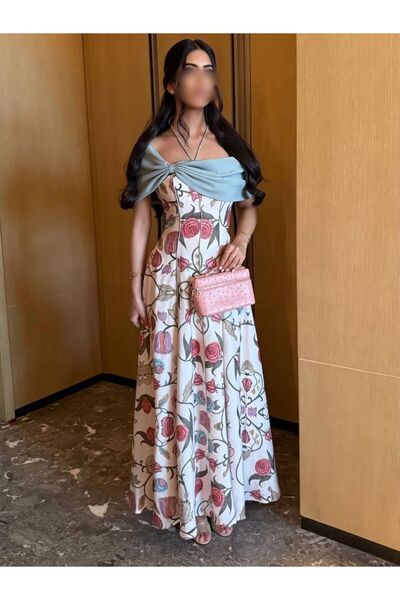 REVE A classic long floral dress, with a sky-blue top With Scarf and elegant ...