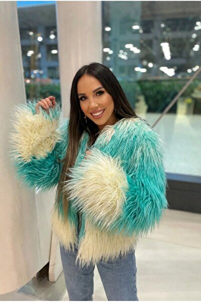 INFLUENCER İki Renk Geçişli Yumuşak Dokulu Astarlı Suni Kürk Mont - Su Yeşili