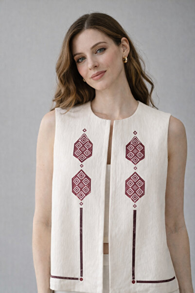 Nulivez Women's Ecru Ethnic Patterned Vest – Minimal Open Front Design, Moder...