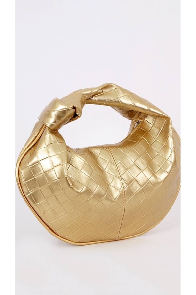 themoiss Gold Knitted Textured Knotted Women's Hand and Shoulder Bag