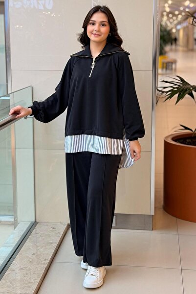 Nuss Collared Zippered Striped Poplin Combination Tunic and Trousers Set