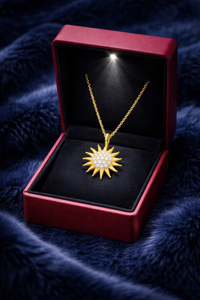 KAR DİAMOND 8 Ayar Altın Kolye Ucu Gümüş Zincirli Taşlı Güneş Model Kadın Kol...