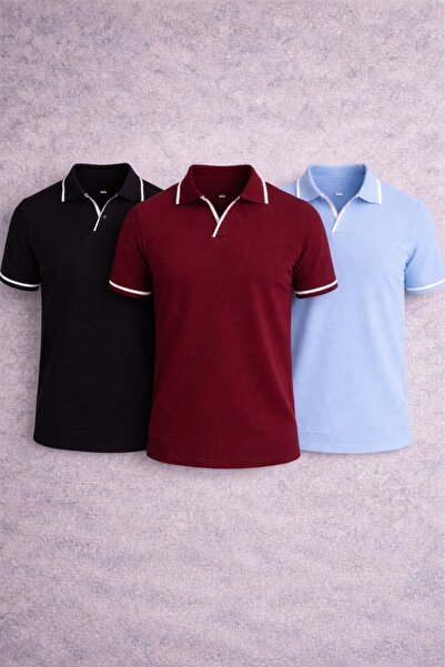 threeoff Ανδρικό πλεκτό μπλουζάκι με λαιμόκοψη πόλο, με λωρίδες αντίθεσης, στ...