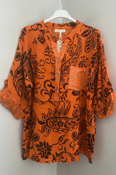 AYASOFYA OTANTIK Women's Italian Orange Sequin Detailed Shawl Collar and Pock...