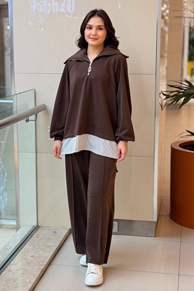 Nuss Collared Zippered Striped Poplin Combination Tunic and Trousers Set