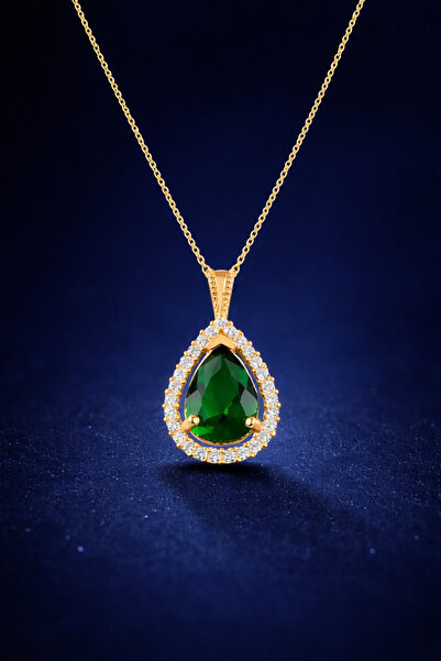 KAR DİAMOND 14 Ayar Altın Zincirli Zümrüt Yeşili Damla Taşlı Kadın Kolye Sert...
