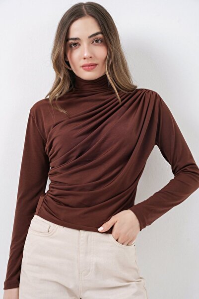 COjans 925 Ruched Detail Sandy Bluz - A.Kahve