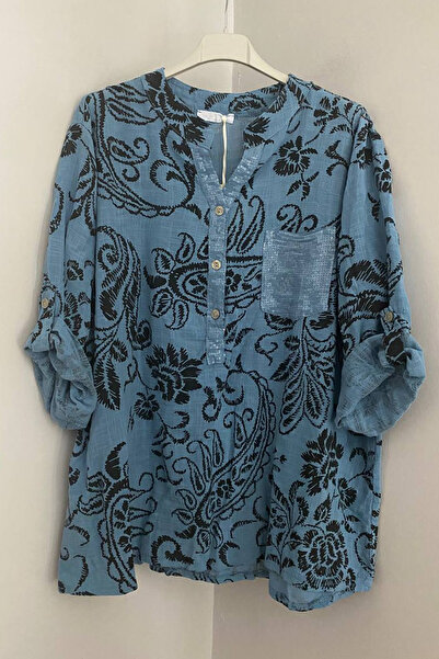 AYASOFYA OTANTIK Women's Italian Blue Sequin Detailed Shawl Collar and Pocket...