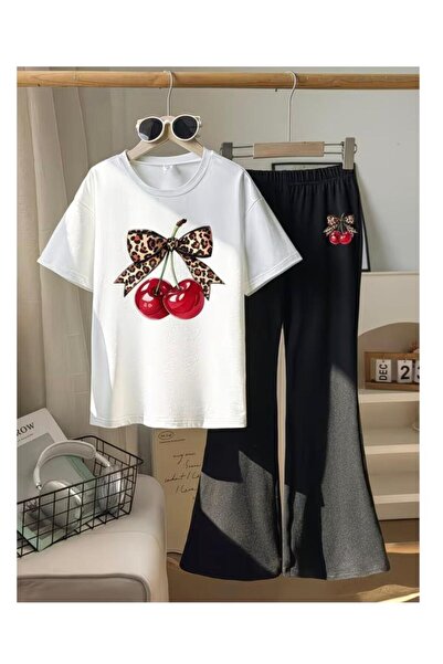 No Plan Girls' Top White Short Sleeves Leopard Print Bottom Black Spanish Print