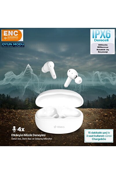 Ttec Bluetooth Kulaklık Beyaz Tws AirBeat Switch Kablosuz Kulaklık ENC Siliko...