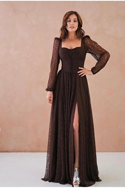 BK BOUTİQUE Korse Detaylı Belden Bağcıklı Yırtmaçlı Dantel Abiye