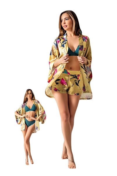 LOOMERİE Women's 3-piece lingerie set - Printed satin robe with shorts and La...
