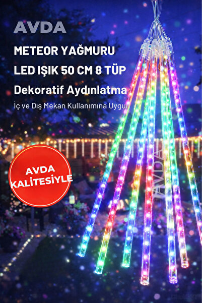 AVDA Meteor Yağmuru Akan LED Işık 50 cm 8 Tüp İç Dış Mekan Bahçe Balkon Dekor...