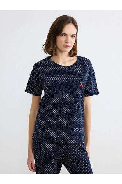LC Waikiki Navy Blue Crew Neck Cherry Embroidered Women's Pajama Set