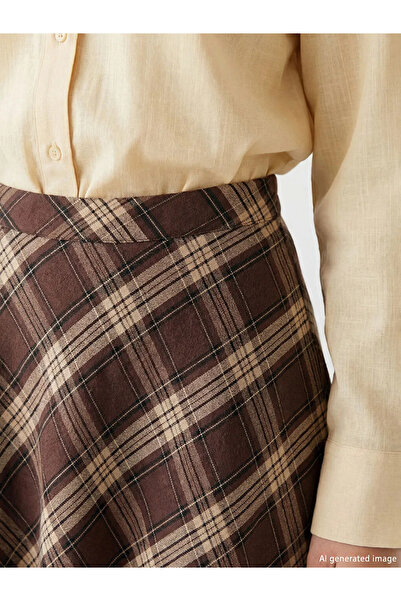 LC Waikiki Καφέ καρό φούστα σε γραμμή Α με φερμουάρ στη μέση