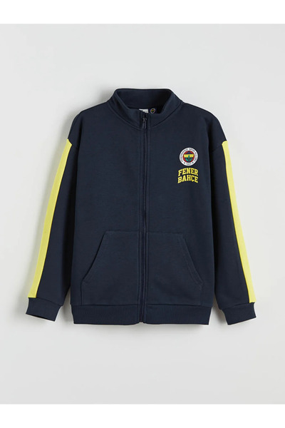 LC Waikiki Navy Blue Mock Neck F-B- Printed Boy's Zippered Sweatshirt