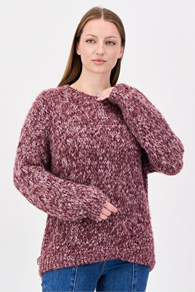 Fire & Glory Women Ribbed Neck Crochet Sweater, Burgundy