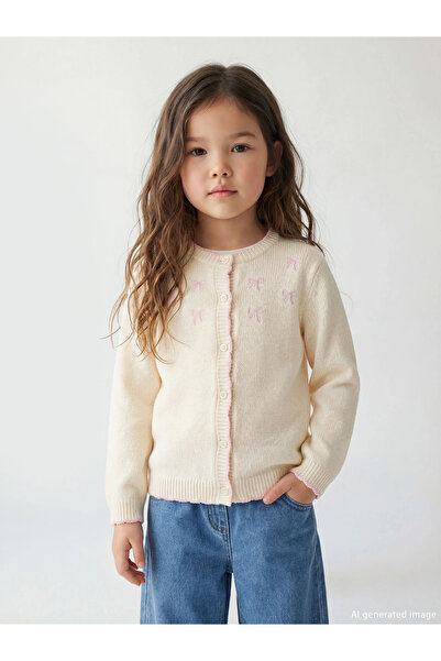 LC Waikiki Cardigan din tricotaj brodat pentru fete, model standard Ecru