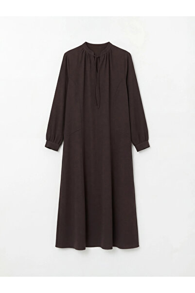 LC Waikiki Brown Tie-Neck Gathered Crepe Dress