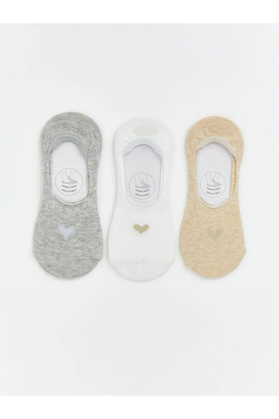 LC Waikiki Ecru Heart Printed Women's Ballerina Socks 3-Piece