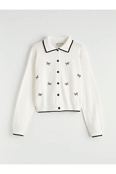 LC Waikiki Cardigan tricotat pentru fete, ecru, cu guler polo și broderie cu ...