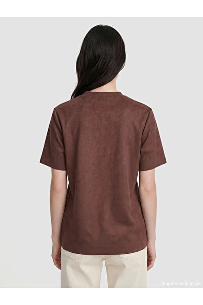 LC Waikiki Καφέ Γυναικείο Μπλουζάκι με Λαιμόκοψη Ποδηλάτου και Στρας, με Εμφά...