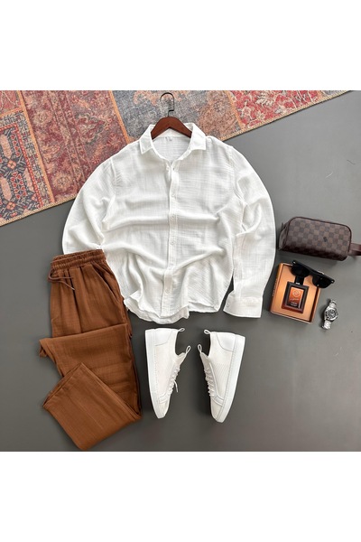 tiggir moda Men's Muslin Fabric Shirt and Pants 2-Piece Set