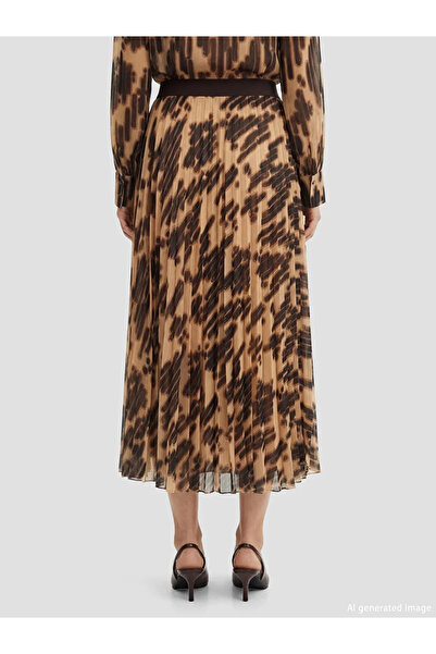 LC Waikiki Fusta plisată din șifon maro, cu talie elastică și imprimeu