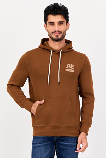 AMERICAN EAGLE Men Graphic Print Long Sleeve Hoodie, Brown