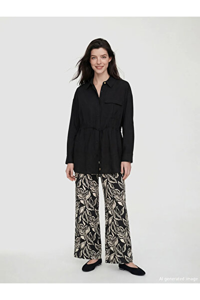 LC Waikiki Μαύρο γυναικείο πουκάμισο με κορδόνι και λεπτομέρεια δεσίματος