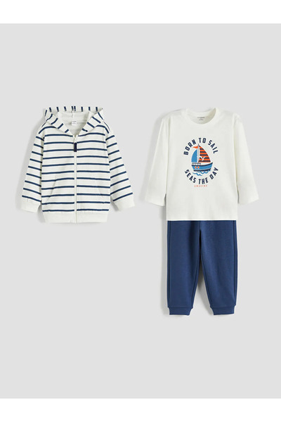 LC Waikiki Екру печатен кардиган, тениска и панталони за момчета