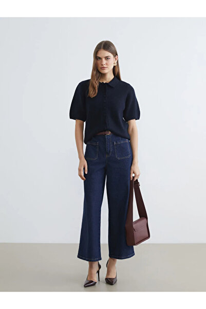 LC Waikiki Navy Blue Polo Collar Women's Knitwear Cardigan