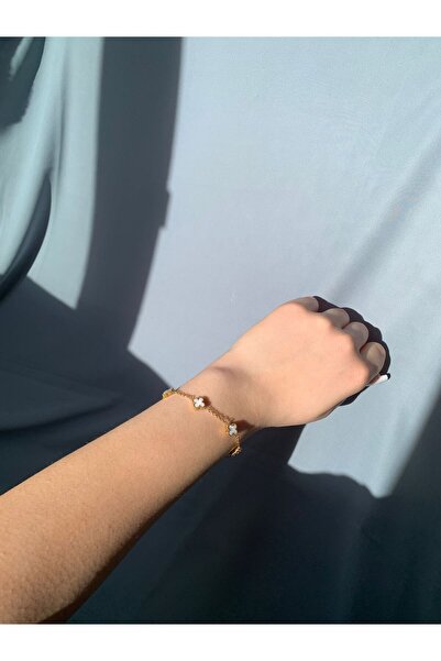 GUNESTAKI 316L Steel Gold Clover Bracelet with White Details