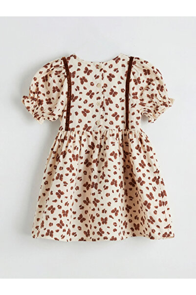 LC Waikiki Μπεζ φόρεμα για κορίτσια με στάμπα πεταλούδας και λαιμόκοψη ποδηλάτου