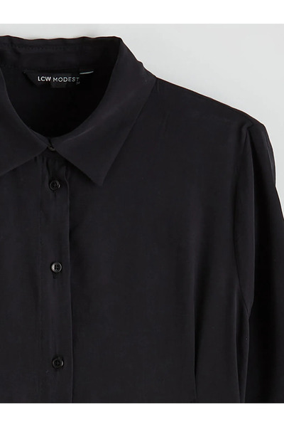 LC Waikiki Μαύρο φόρεμα πουκάμισο με δεμένη μέση από μείγμα μοντέλου