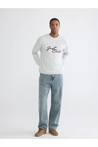 LC Waikiki Pulover tricotat pentru bărbați, gri, cu broderie, cu guler tip bi...