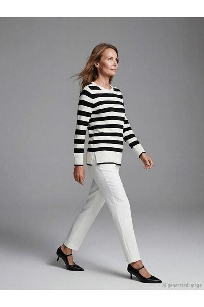 LC Waikiki Black Crew Neck Striped Women's Knitwear Sweater