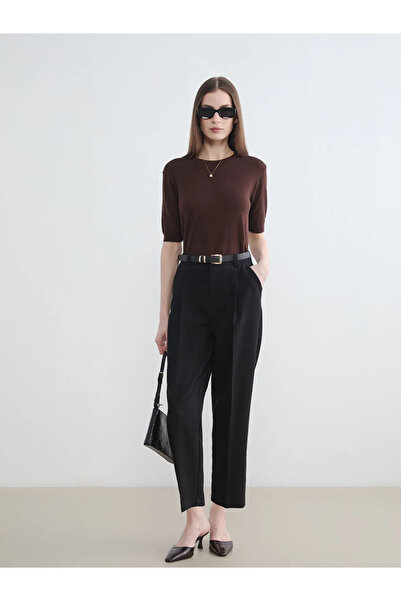 LC Waikiki Black Pleated Women's Fabric Trousers with Belt