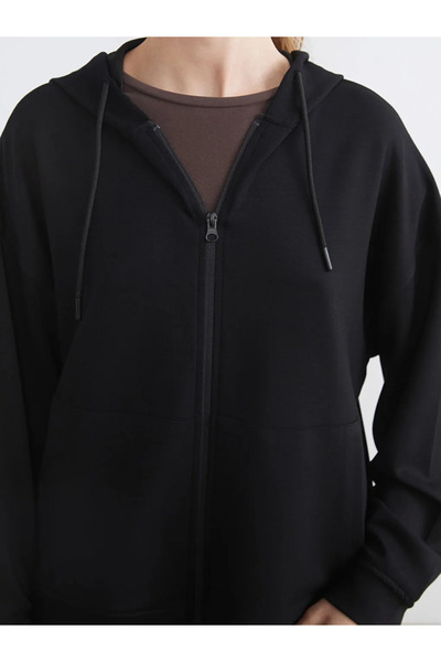 LC Waikiki Negru cu glugă Soft Touch pentru femei, cu fermoar, Swea tricou