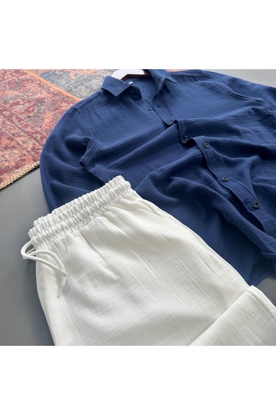 tiggir moda Men's Muslin Fabric Shirt Pants 2-Piece Set