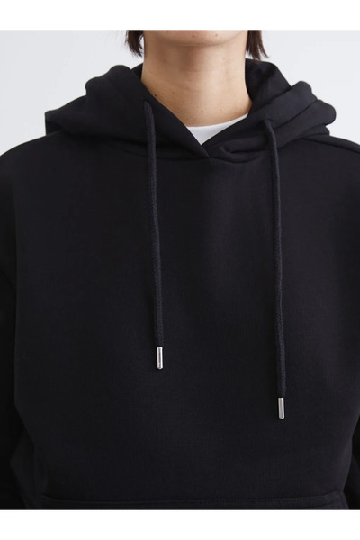 LC Waikiki Μαύρο Oversize Γυναικείο Χοντρό Φούτερ με Κουκούλα