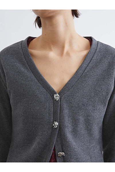 LC Waikiki Anthracite V-Neck Women's Knitwear Cardigan