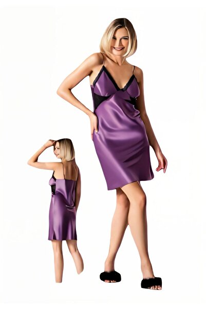 LOOMERİE Women's short satin nightgown with luxurious Lace – royal purple