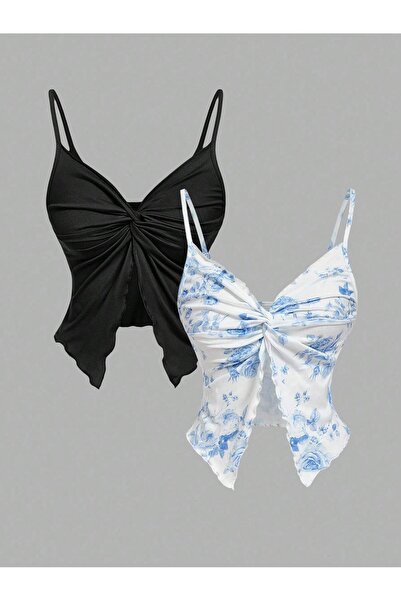 Wild Flower Double Front Twist Thin Strap Alaçatı Crop