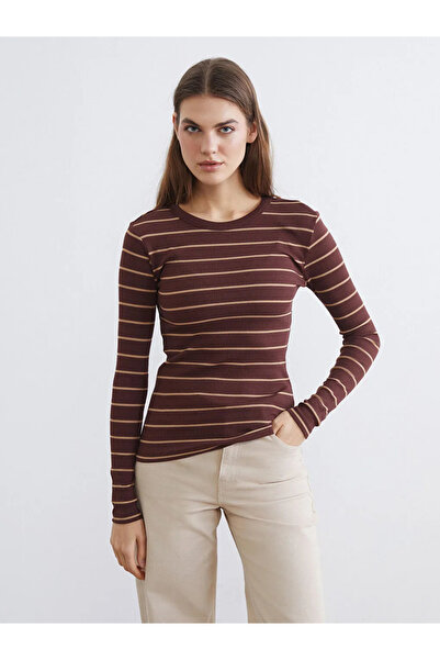 LC Waikiki Brown Crew Neck Striped Women's Bodysuit
