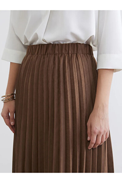 LC Waikiki Fusta plisată bej cu aspect de piele întoarsă și talie elastică