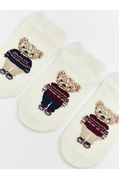 LC Waikiki Ecru Bear Teddy Printed Women's Sneaker Socks 3-Piece