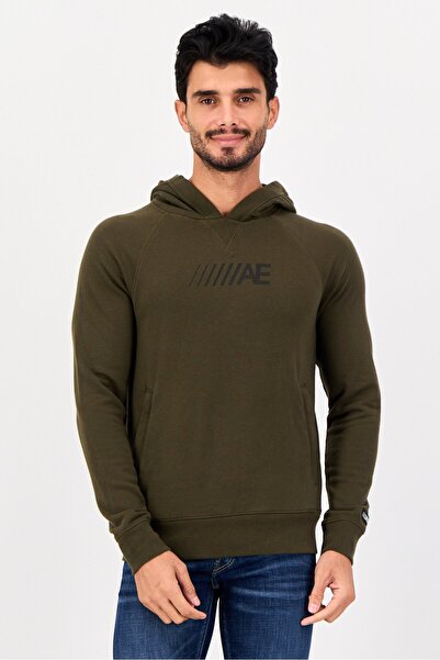 AMERICAN EAGLE Men Long Sleeve Brand Logo Hoodie, Olive