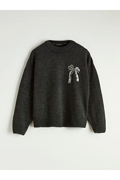 LC Waikiki Anthracite Crew Neck Bow Embroidered Women's Knitwear Sweater