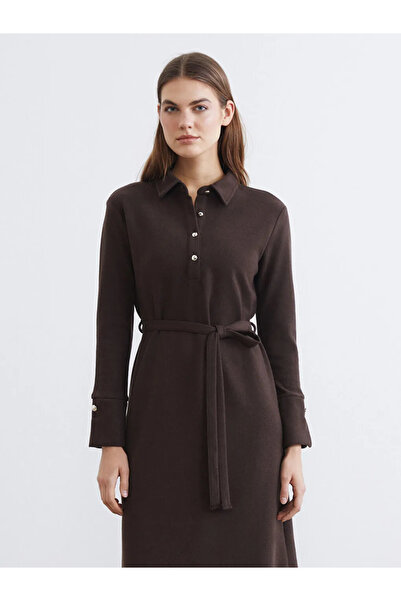 LC Waikiki Brown Polo Collar Belted Dress